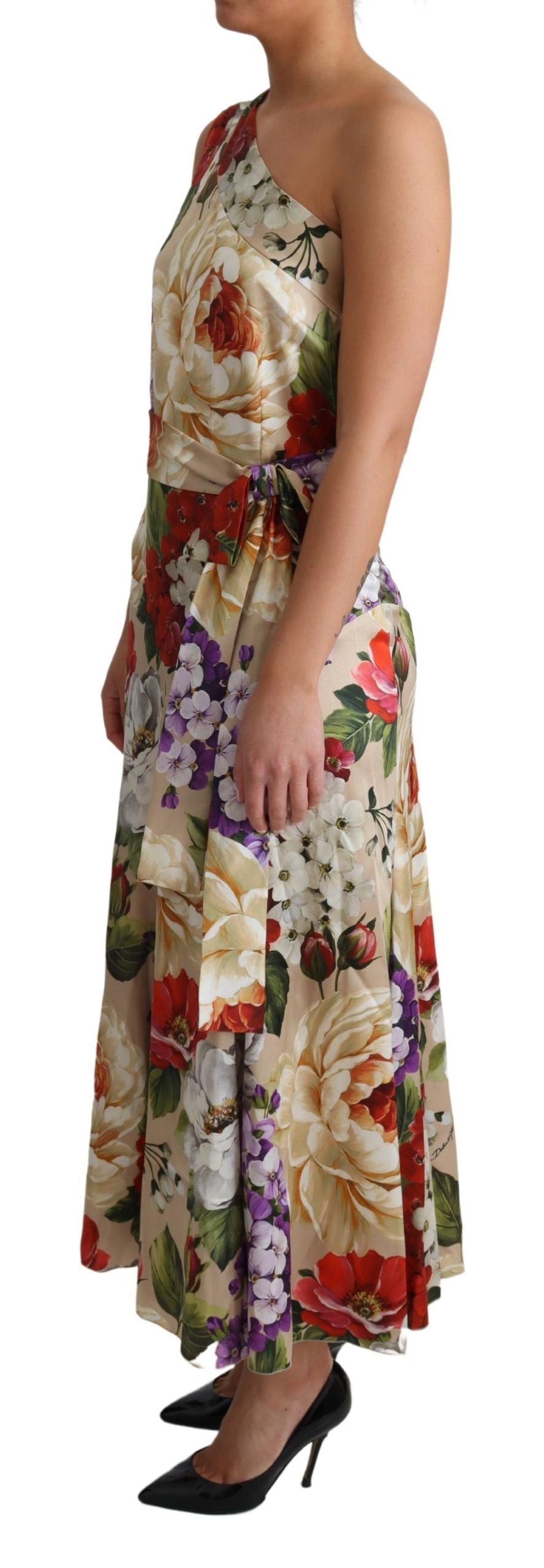 Bedrucktes Seidenstretchkleid mit einer Schulter und Blumenmuster