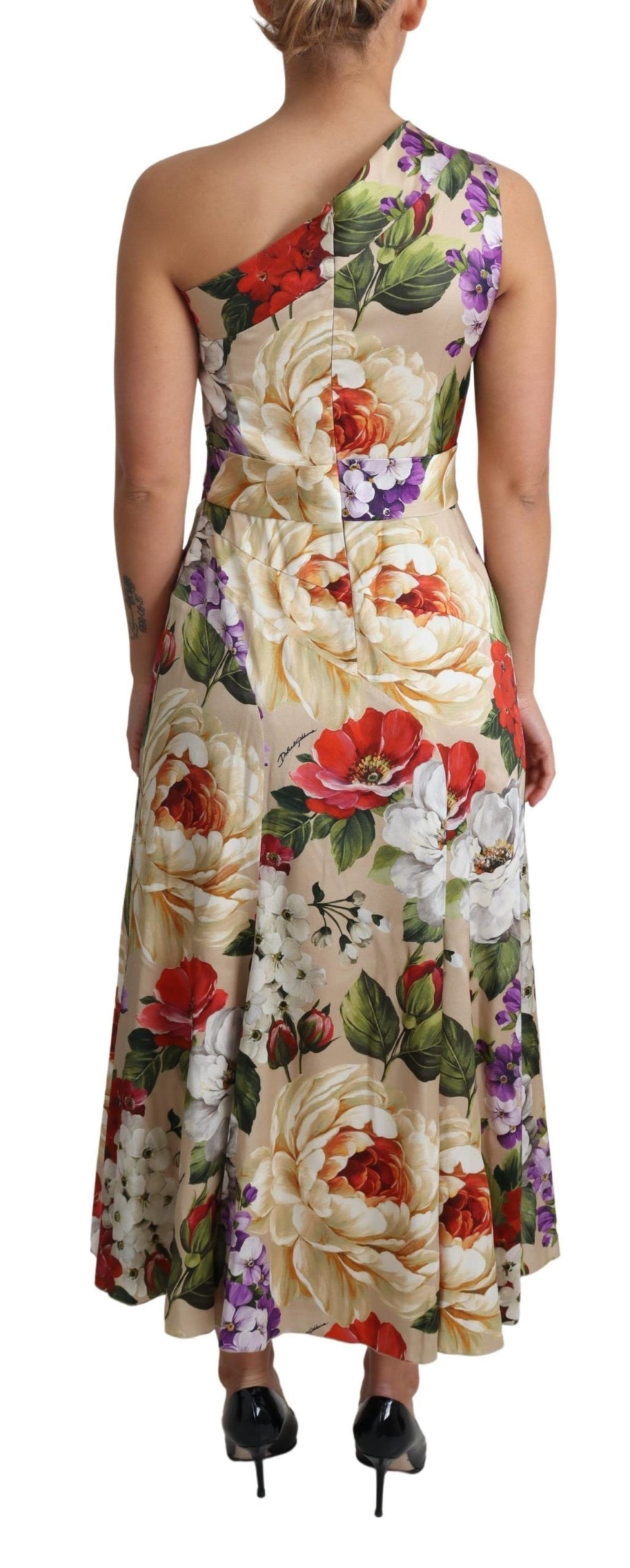 Bedrucktes Seidenstretchkleid mit einer Schulter und Blumenmuster