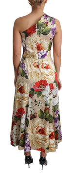 Bedrucktes Seidenstretchkleid mit einer Schulter und Blumenmuster
