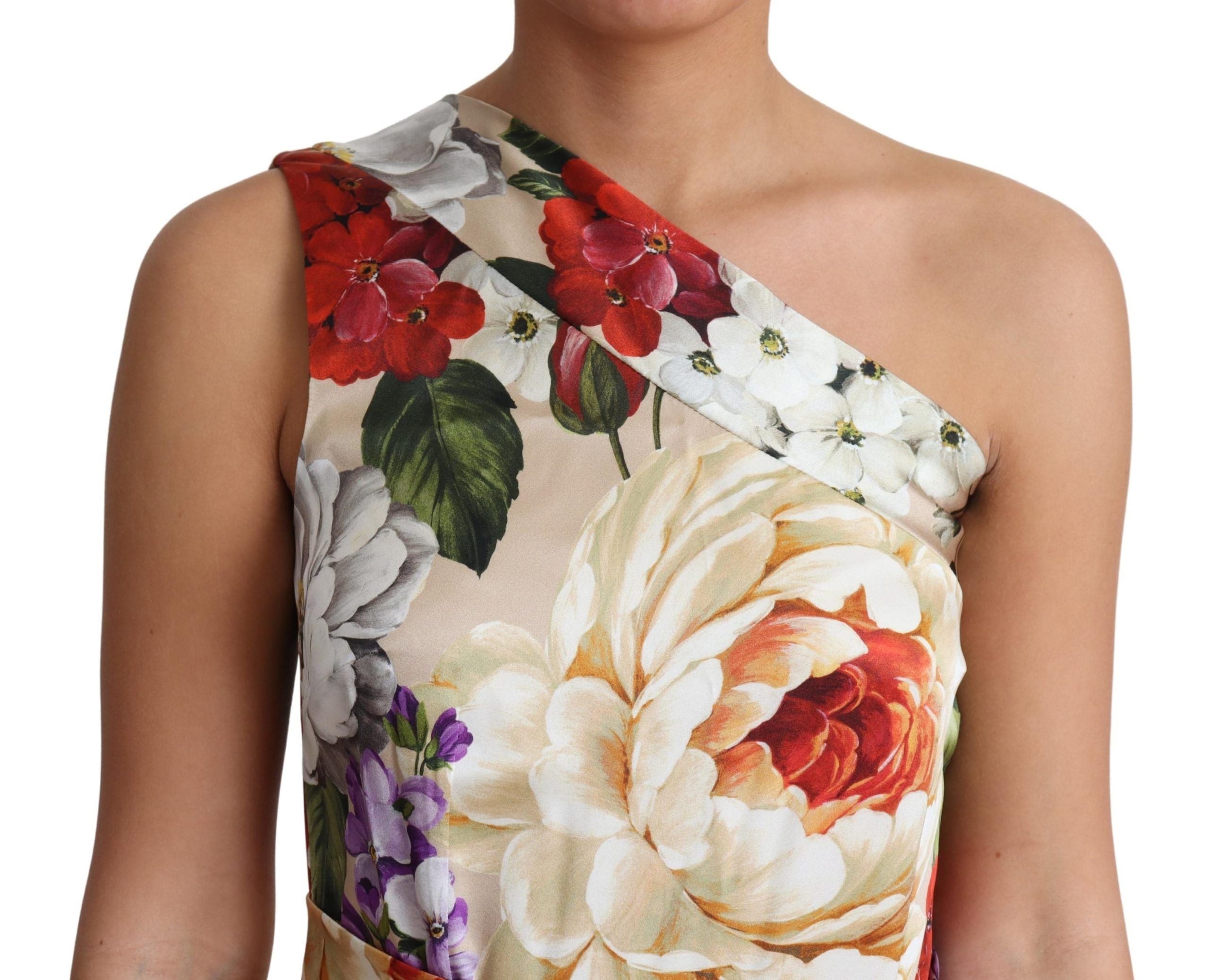 Bedrucktes Seidenstretchkleid mit einer Schulter und Blumenmuster