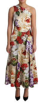 Bedrucktes Seidenstretchkleid mit einer Schulter und Blumenmuster