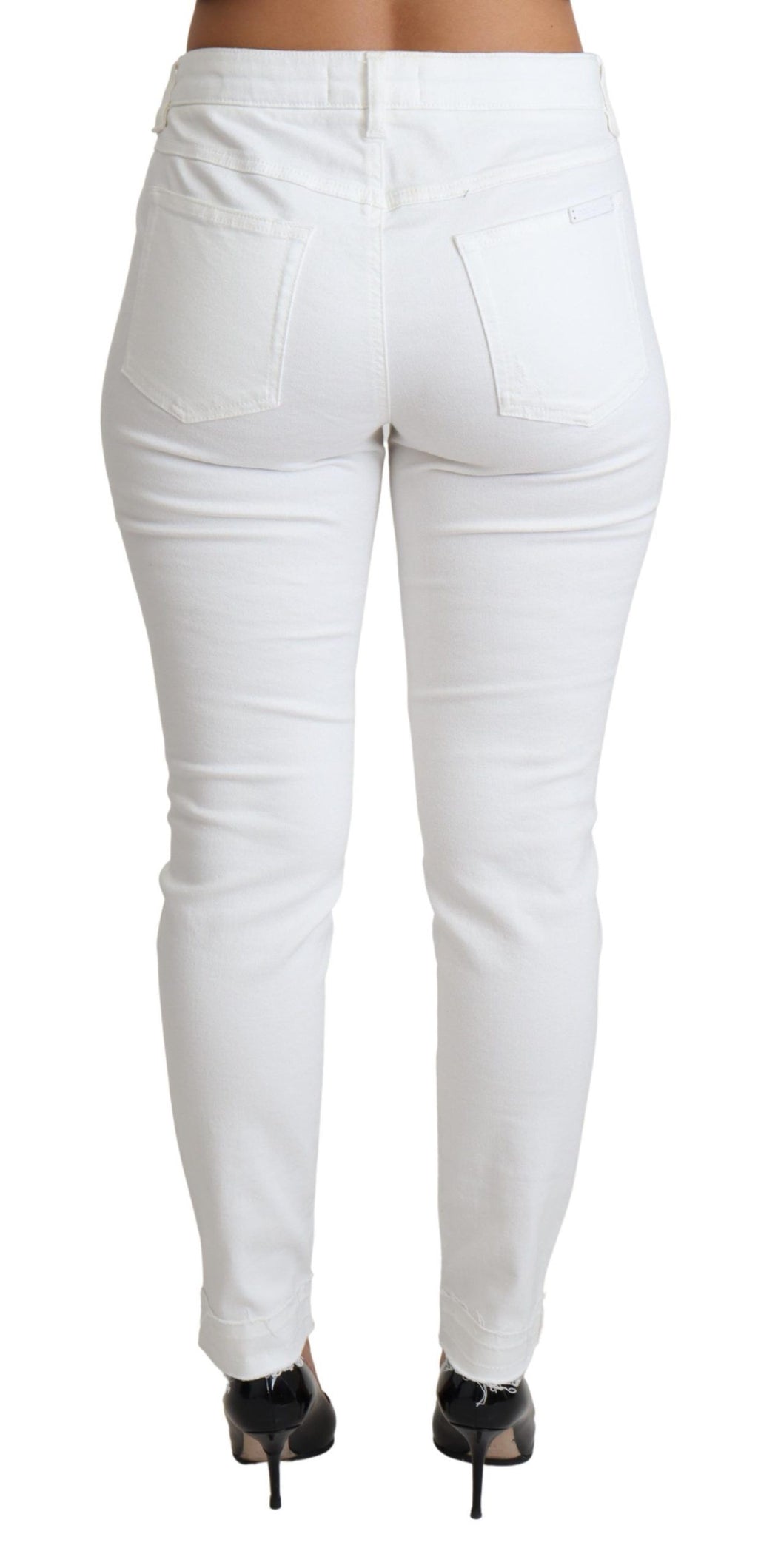 Jeans attillati in denim di cotone elasticizzato bianchi e strappati