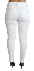 Jeans attillati in denim di cotone elasticizzato bianchi e strappati