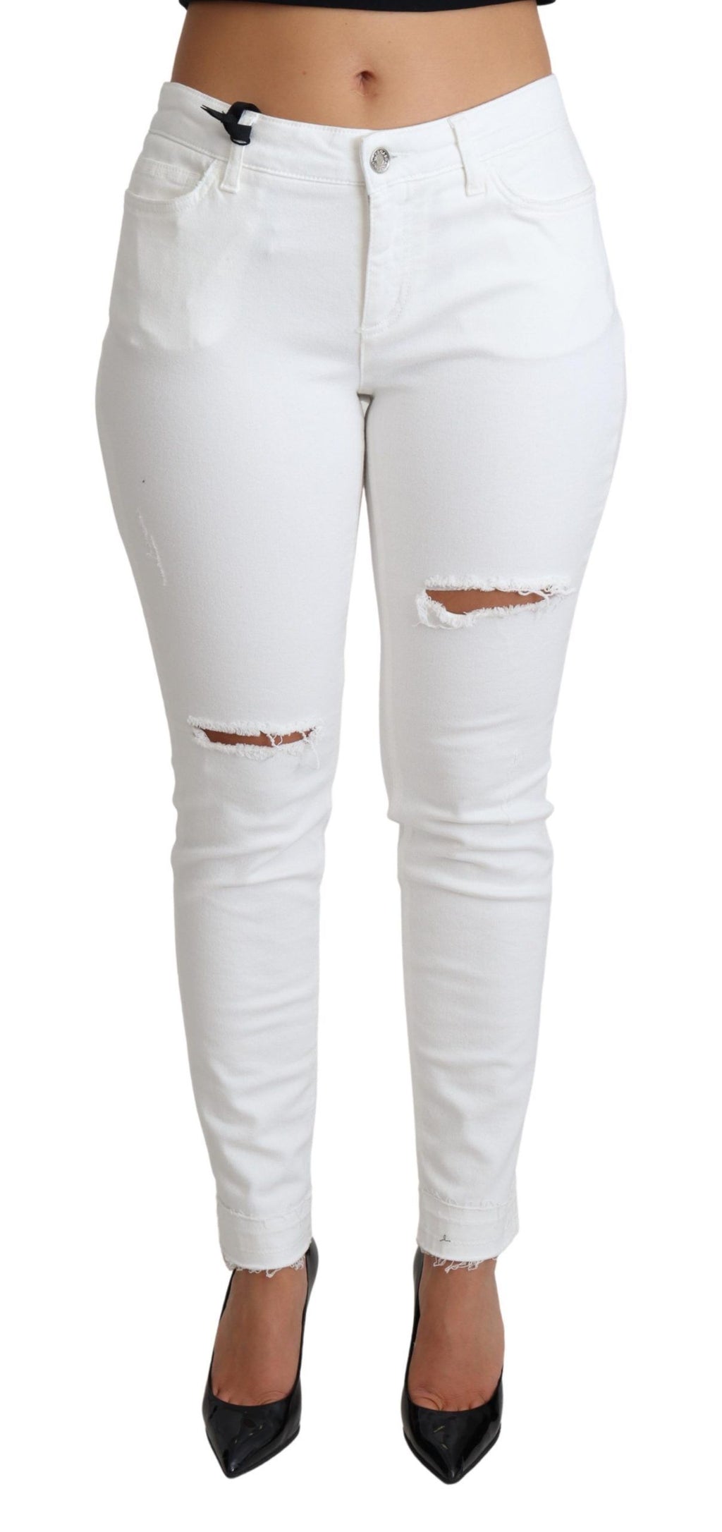 Jeans attillati in denim di cotone elasticizzato bianchi e strappati