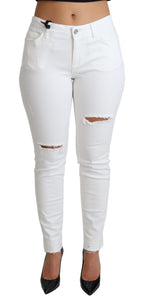 Jeans attillati in denim di cotone elasticizzato bianchi e strappati