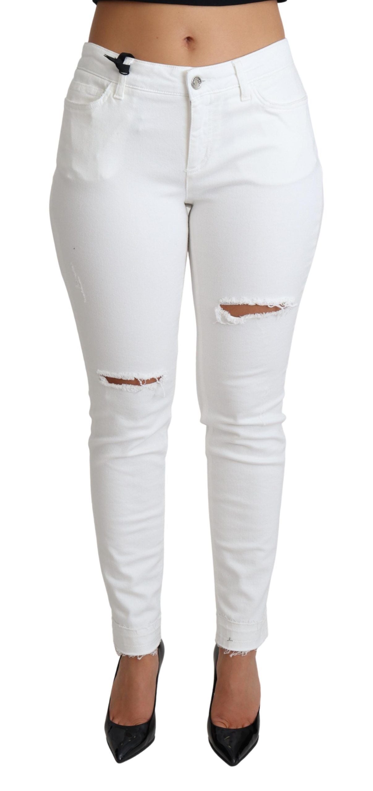 Jeans attillati in denim di cotone elasticizzato bianchi e strappati