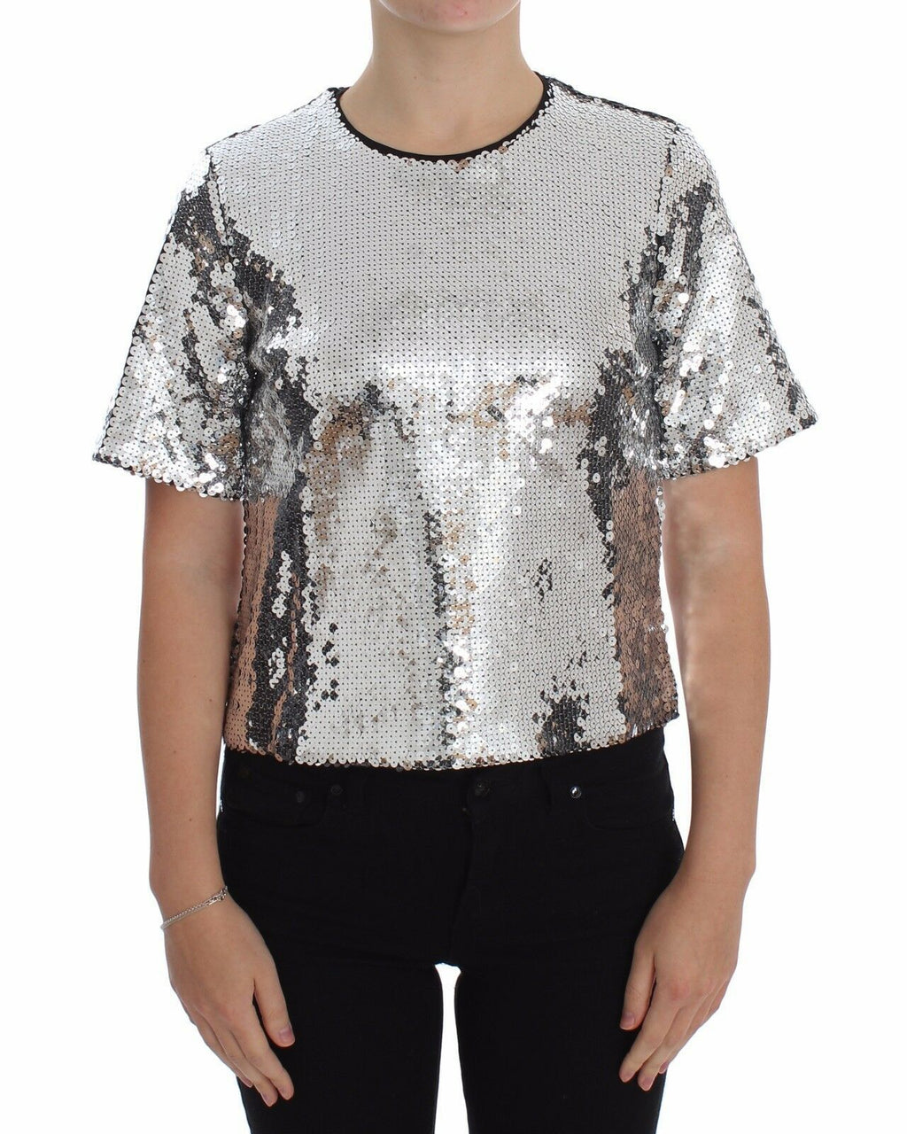 Silber Pailletten Rundhalsbluse T-Shirt Oberteil