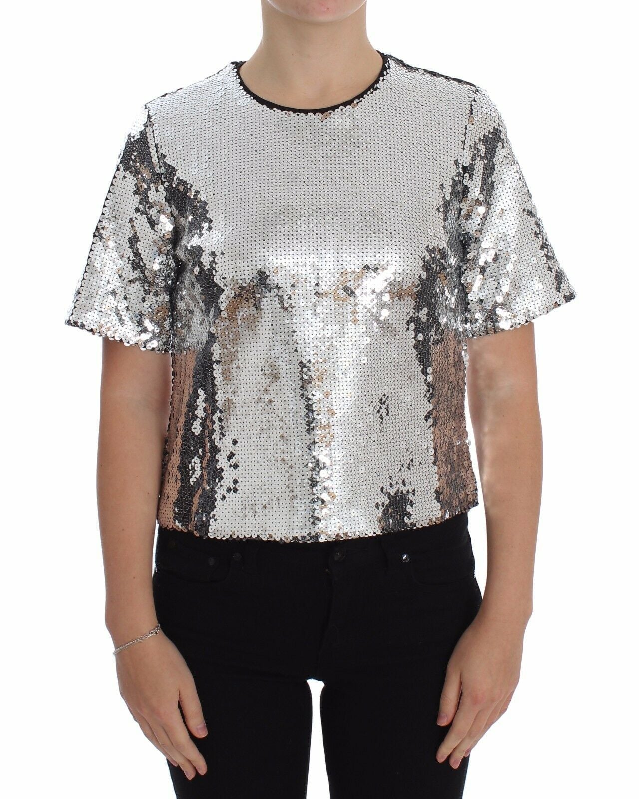 Silber Pailletten Rundhalsbluse T-Shirt Oberteil