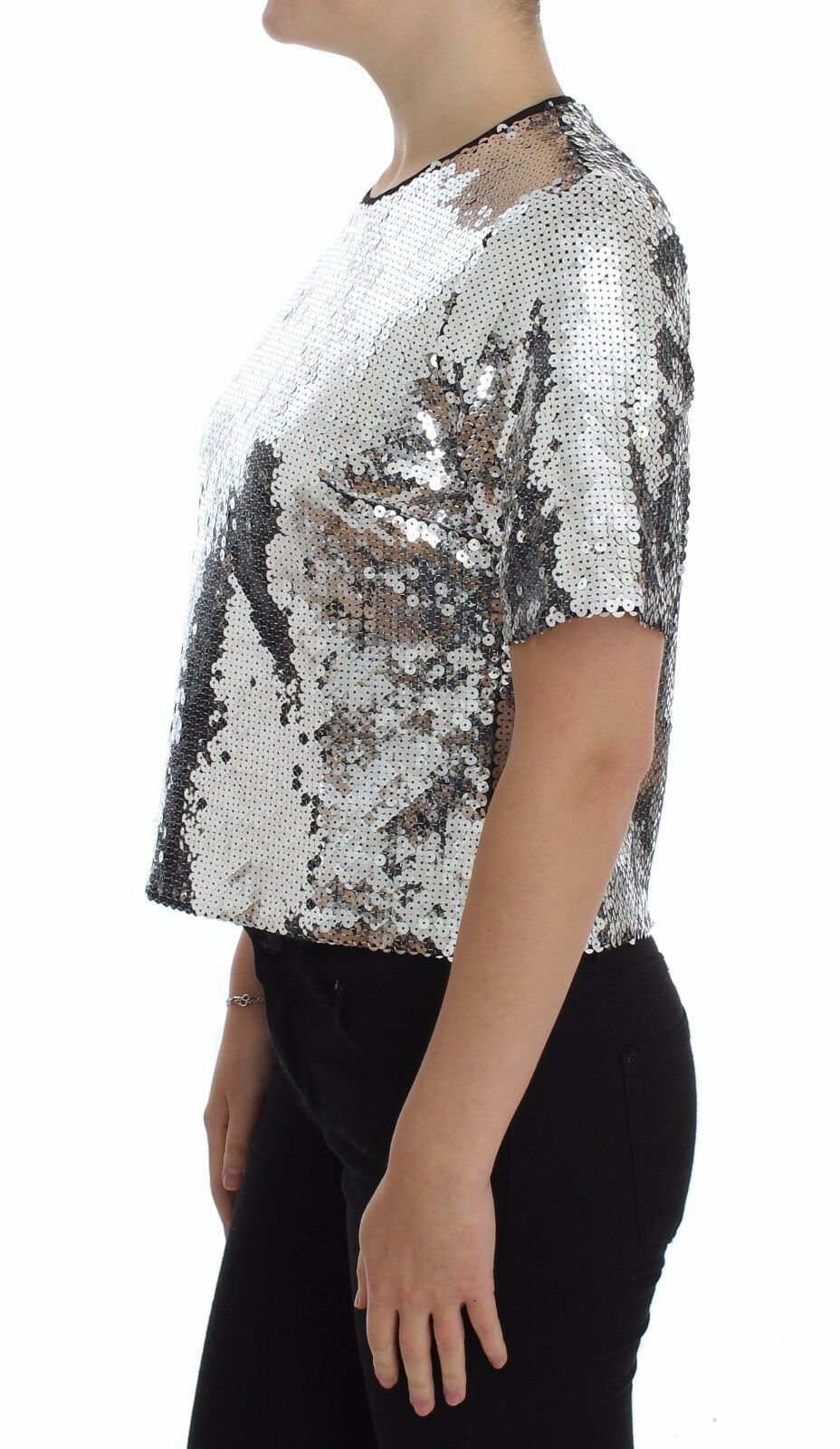 Silber Pailletten Rundhalsbluse T-Shirt Oberteil