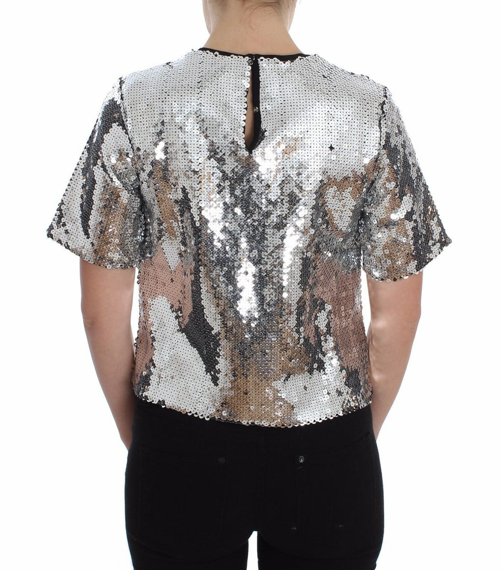 Silber Pailletten Rundhalsbluse T-Shirt Oberteil