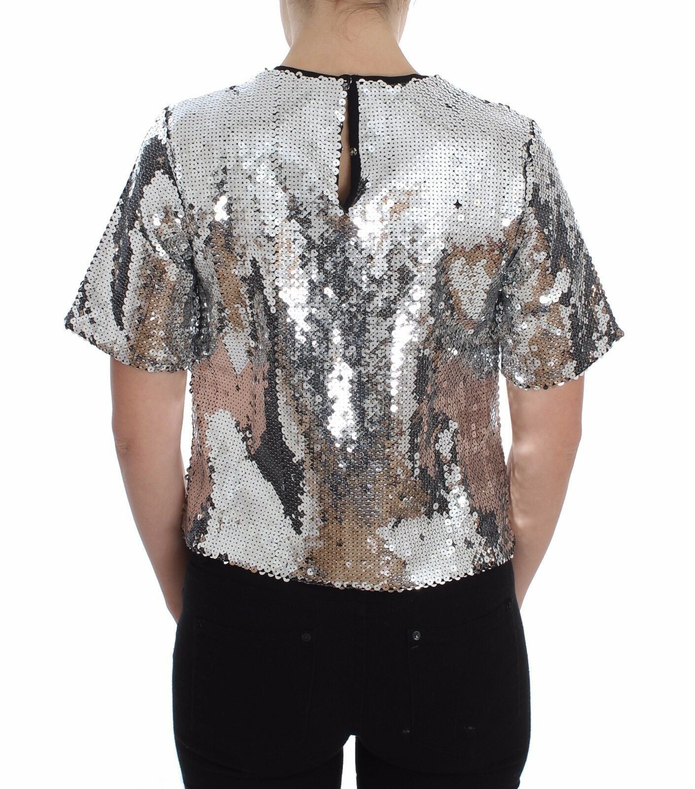 Silber Pailletten Rundhalsbluse T-Shirt Oberteil