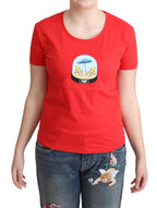 Rot bedrucktes Baumwoll-T-Shirt mit kurzen Ärmeln