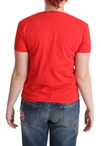 Rot bedrucktes Baumwoll-T-Shirt mit kurzen Ärmeln
