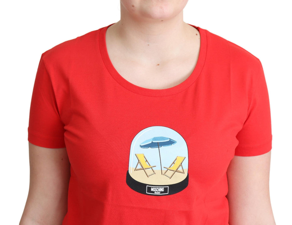 Rot bedrucktes Baumwoll-T-Shirt mit kurzen Ärmeln