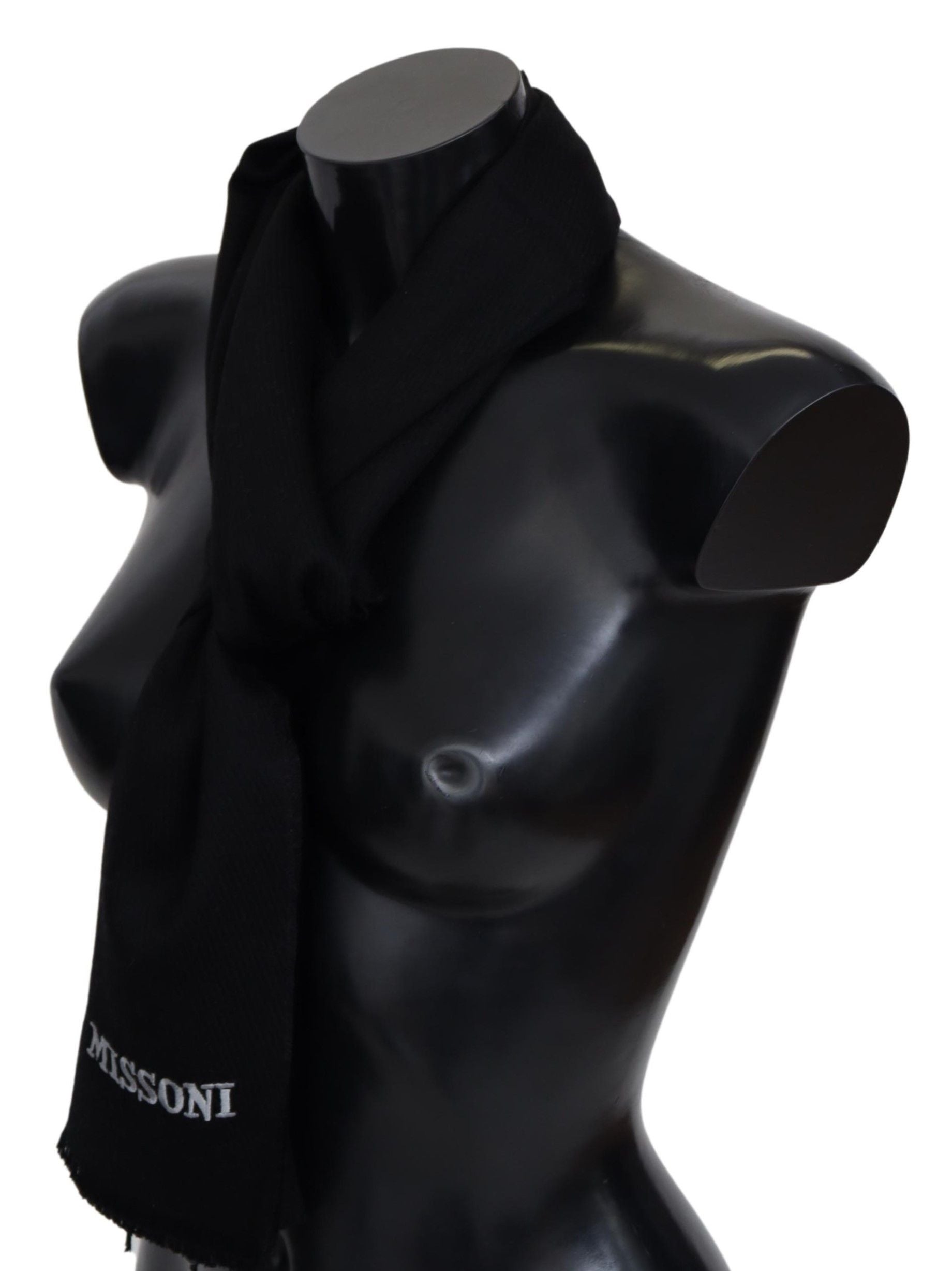 Schwarzer Schal aus 100 % Wolle, Unisex, mit Fransen und Logo
