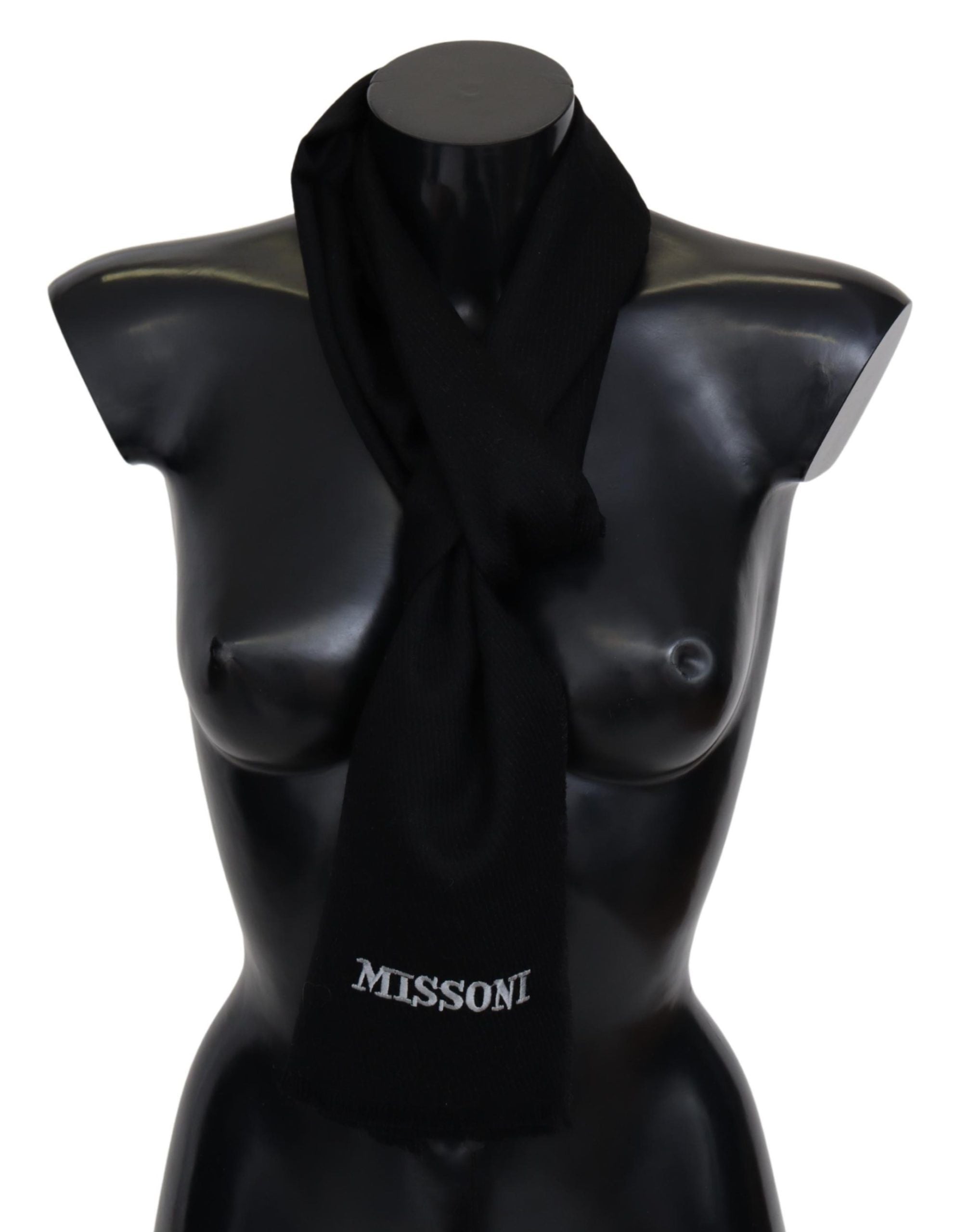 Schwarzer Schal aus 100 % Wolle, Unisex, mit Fransen und Logo