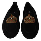 Schwarze Leder Crystal Gold Crown Loafers Schuhe