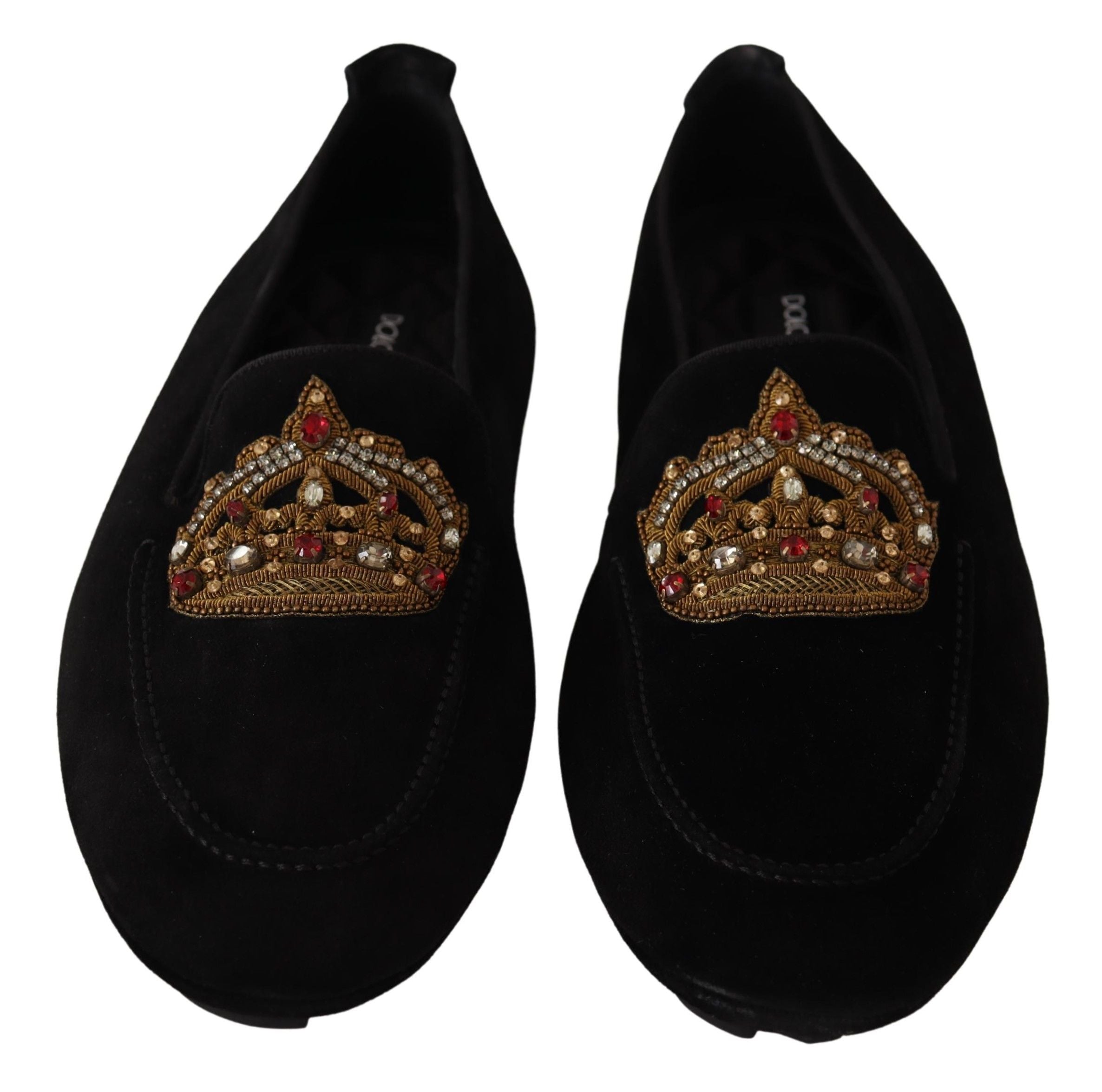 Scarpe Mocassini Neri in Pelle con Corona Dorata e Cristalli