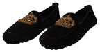 Schwarze Leder Crystal Gold Crown Loafers Schuhe