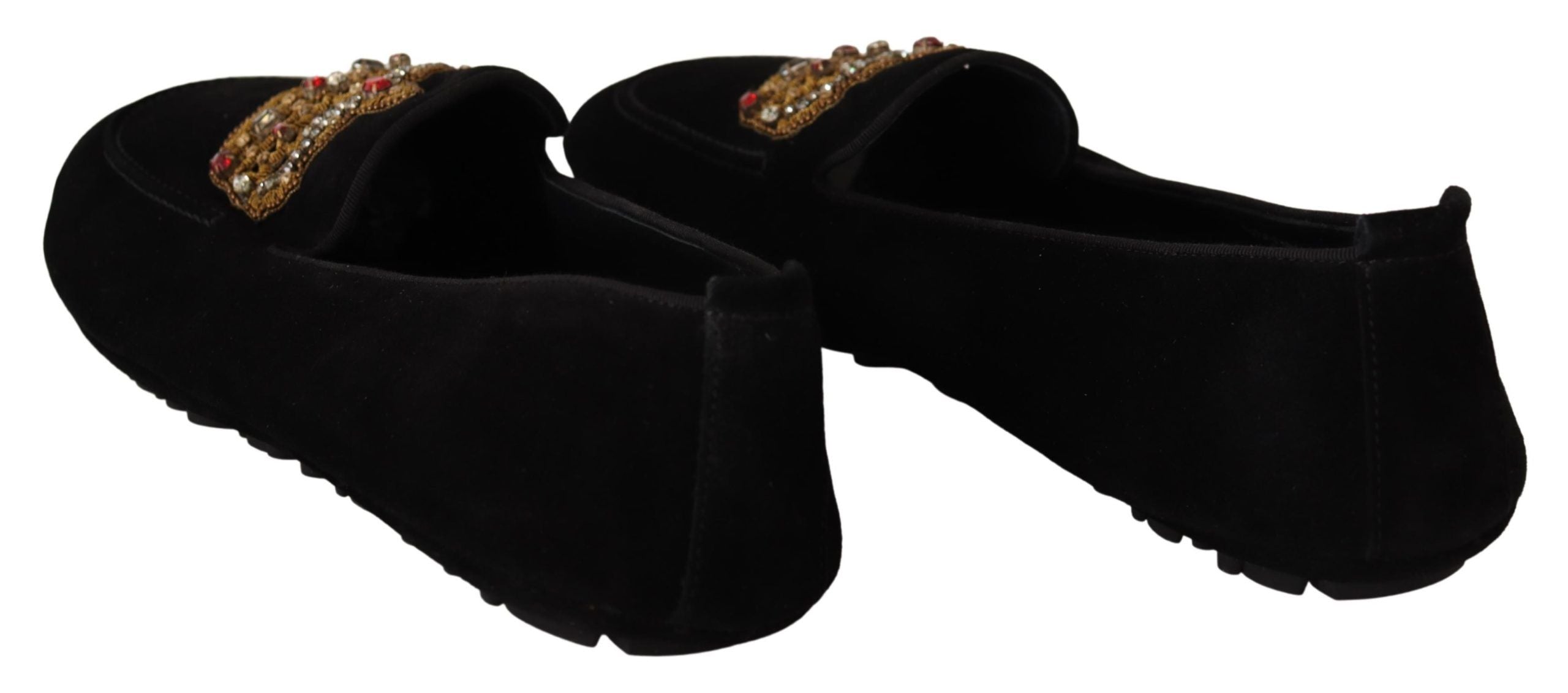 Scarpe Mocassini Neri in Pelle con Corona Dorata e Cristalli