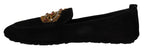 Schwarze Leder Crystal Gold Crown Loafers Schuhe