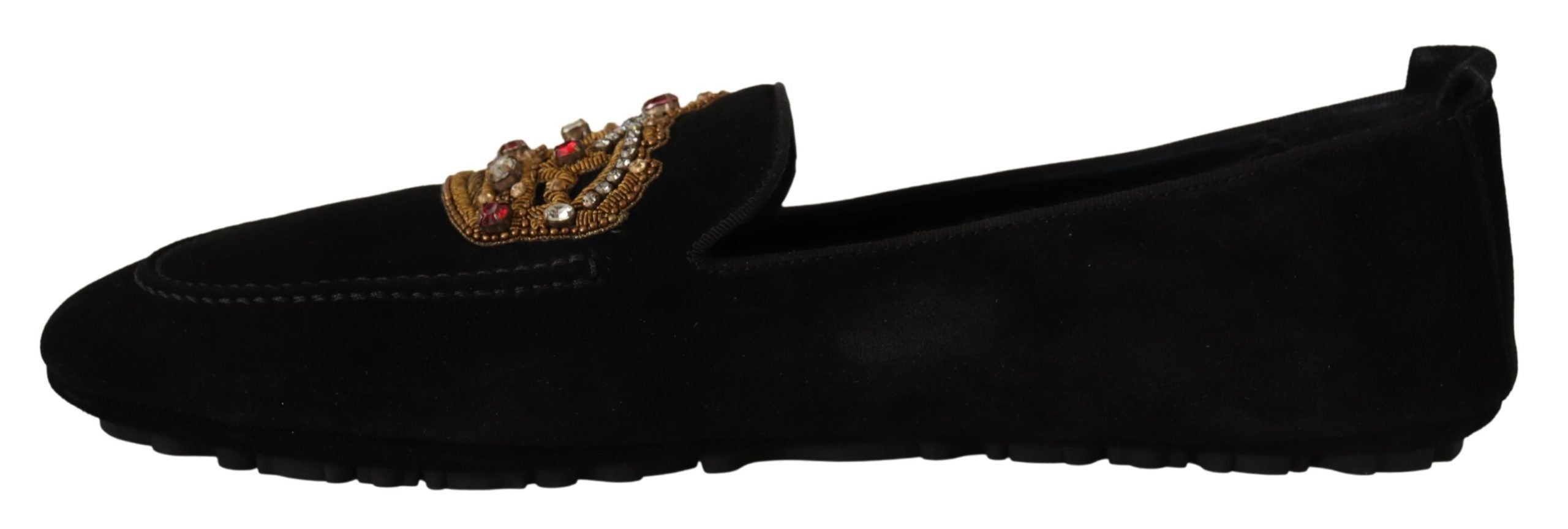 Scarpe Mocassini Neri in Pelle con Corona Dorata e Cristalli