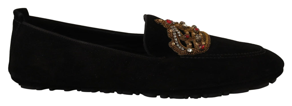 Schwarze Leder Crystal Gold Crown Loafers Schuhe
