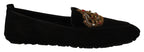 Schwarze Leder Crystal Gold Crown Loafers Schuhe