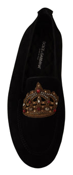 Schwarze Leder Crystal Gold Crown Loafers Schuhe