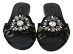 Black Taormina Lace Slides Crystals Flats Shoes