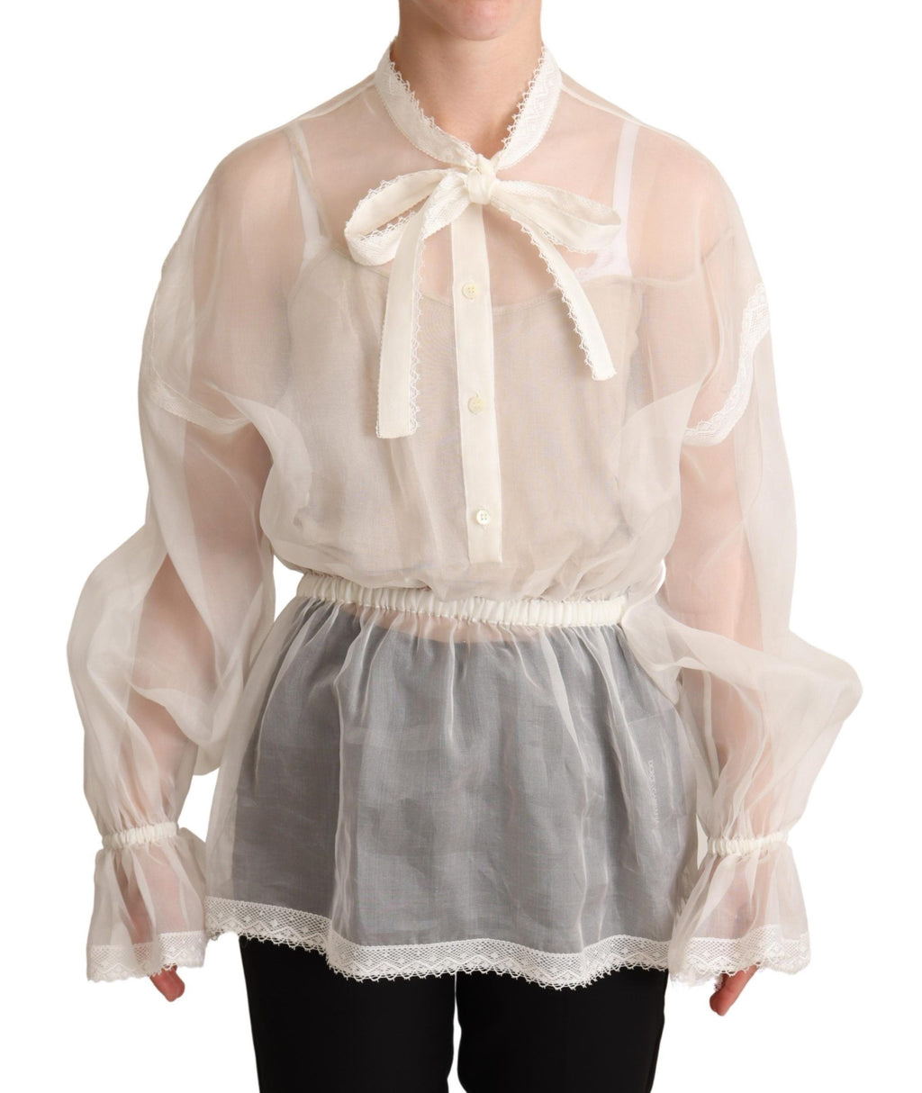 Weiße Bluse mit Ascotkragen und langen Ärmeln
