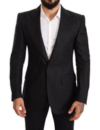 Schwarzer Leinen Slim Fit Mantel Jackett Blazer