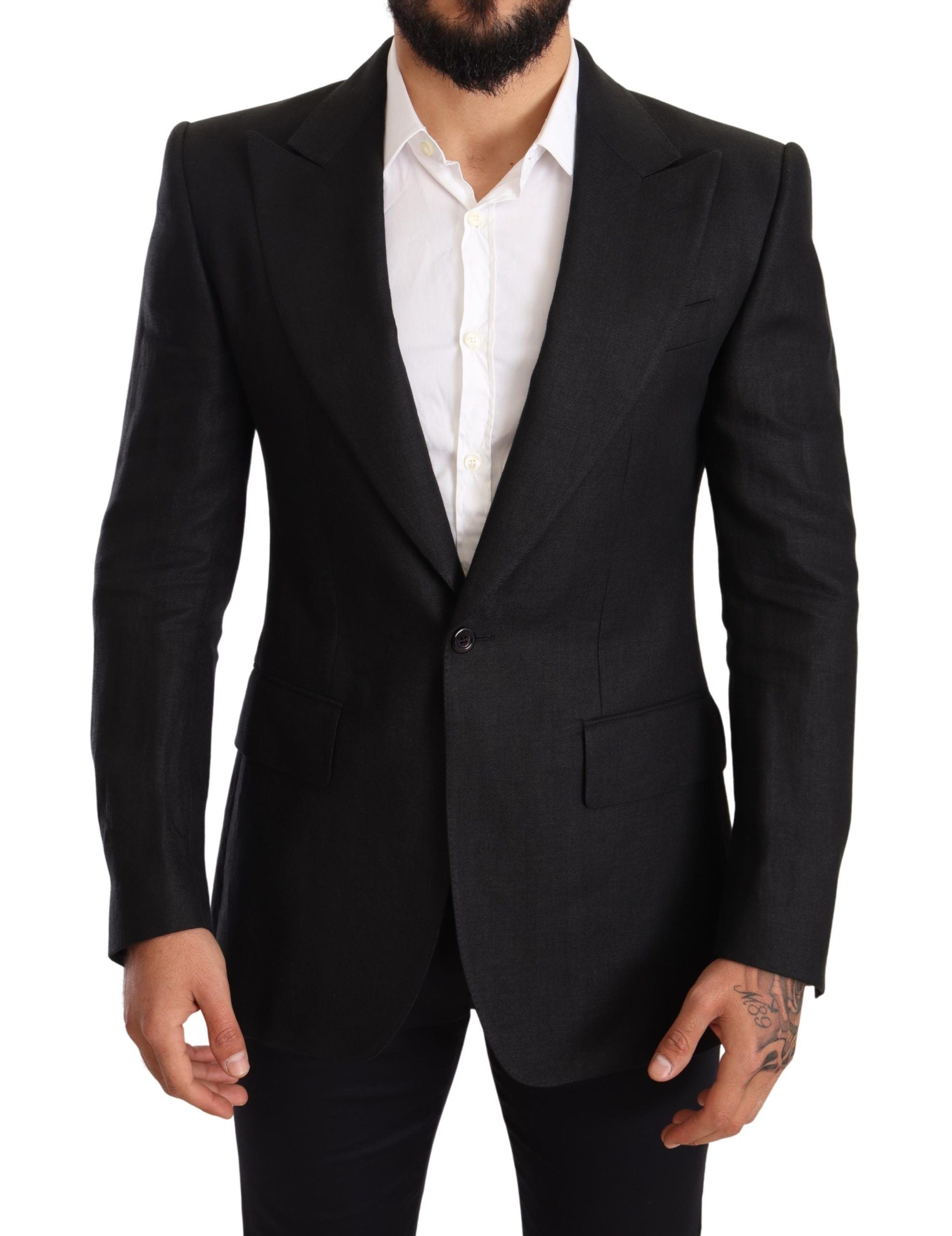 Schwarzer Leinen Slim Fit Mantel Jackett Blazer