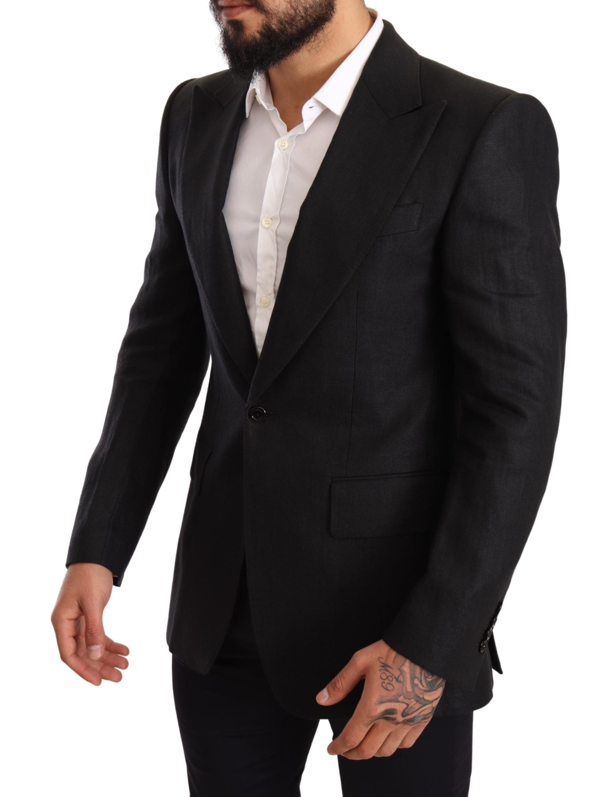 Schwarzer Leinen Slim Fit Mantel Jackett Blazer