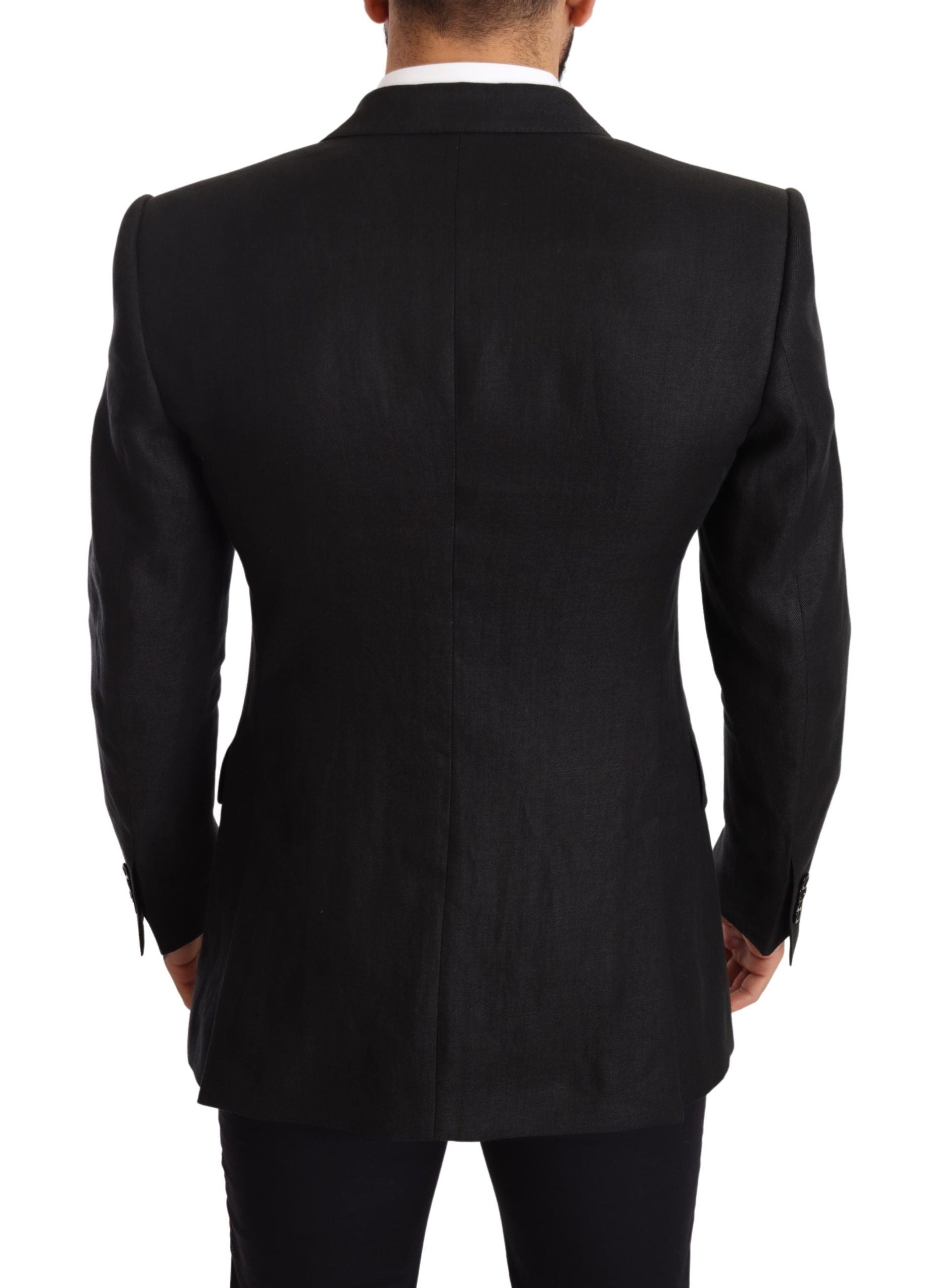 Schwarzer Leinen Slim Fit Mantel Jackett Blazer