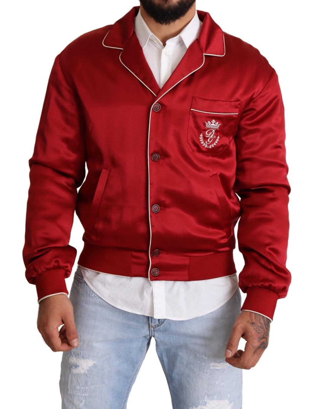 Bomberjacke aus roter Seide mit DG-Logo und Knöpfen
