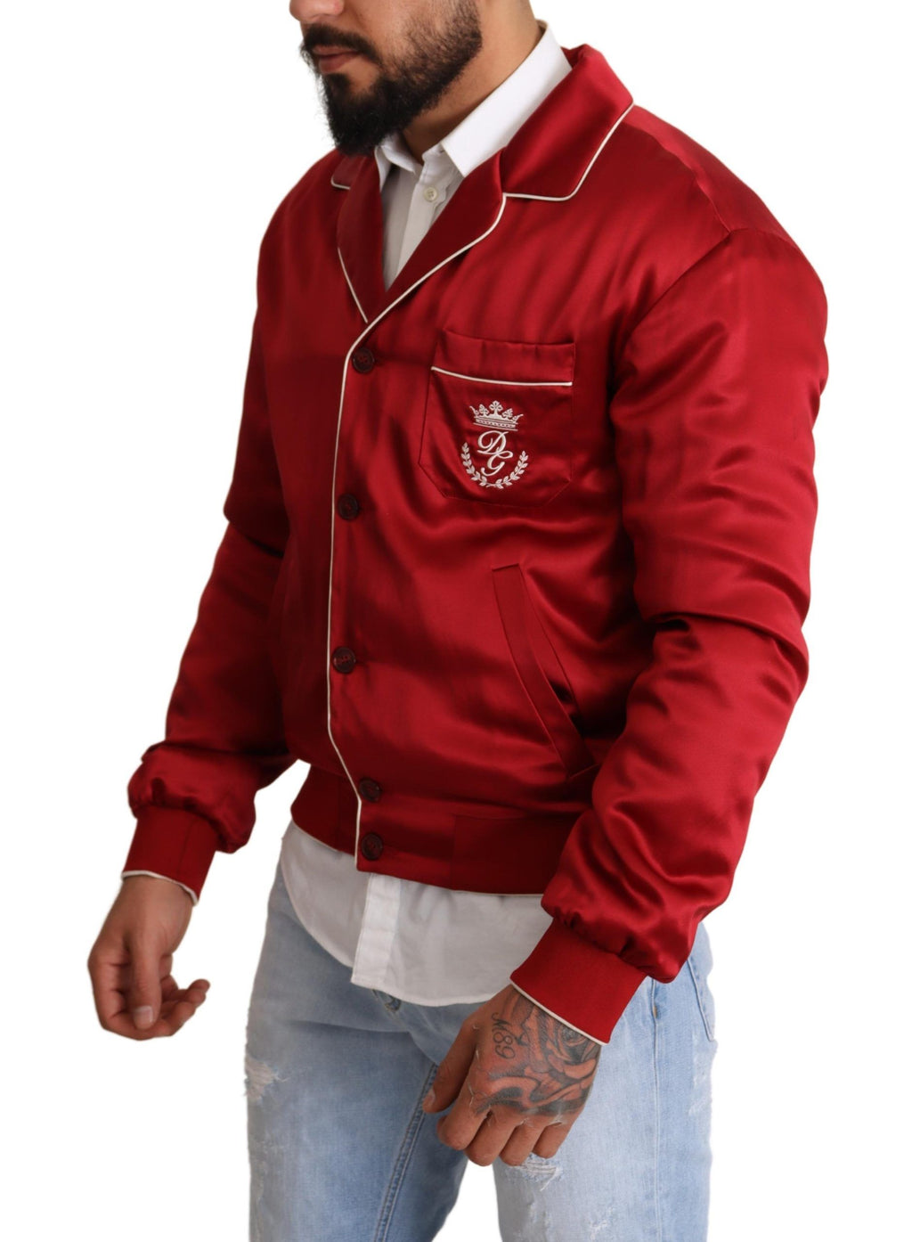 Bomberjacke aus roter Seide mit DG-Logo und Knöpfen