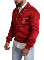 Bomberjacke aus roter Seide mit DG-Logo und Knöpfen