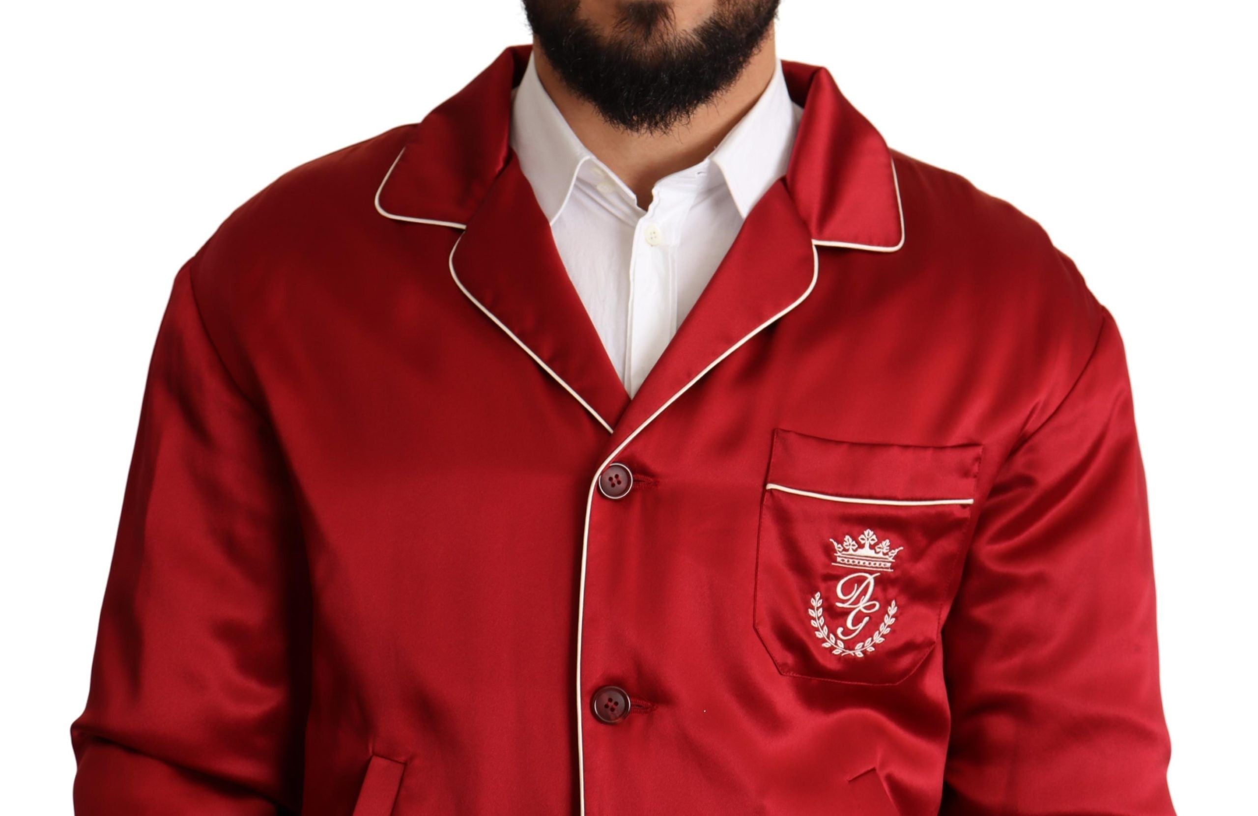 Bomberjacke aus roter Seide mit DG-Logo und Knöpfen