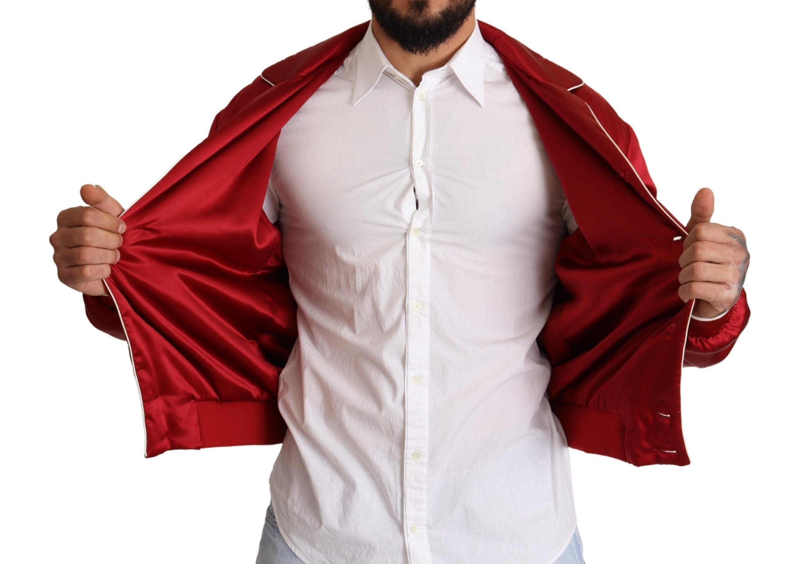Bomberjacke aus roter Seide mit DG-Logo und Knöpfen