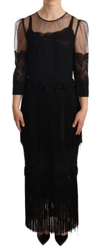 Schwarzes transparentes florales Spitzen-Maxikleid mit Kristallen