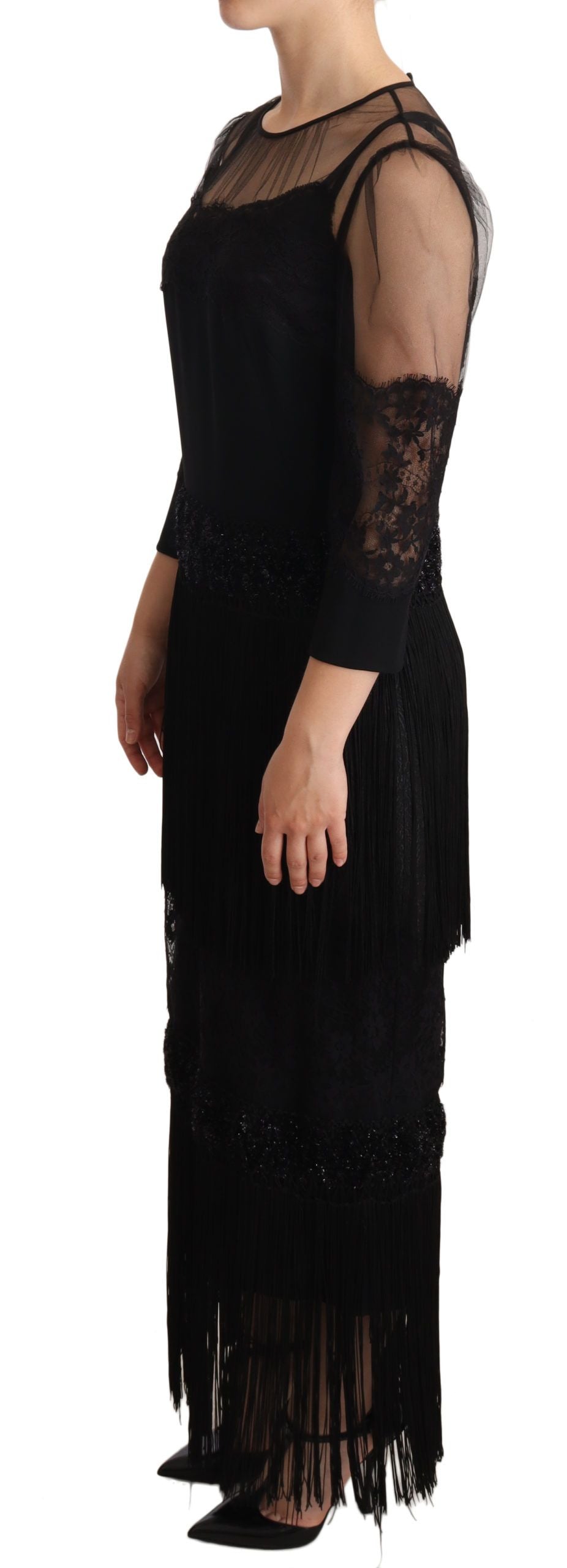 Schwarzes transparentes florales Spitzen-Maxikleid mit Kristallen