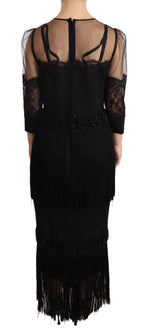 Schwarzes transparentes florales Spitzen-Maxikleid mit Kristallen