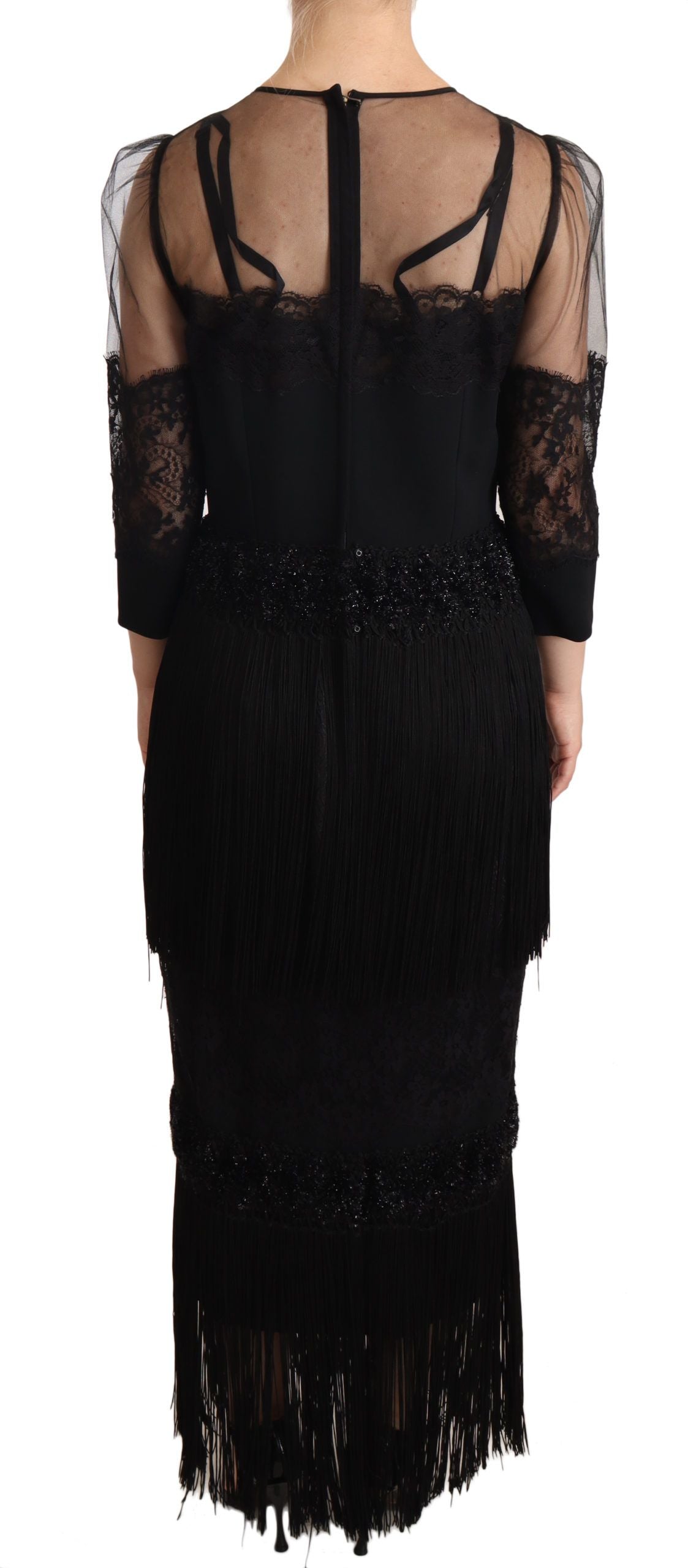 Schwarzes transparentes florales Spitzen-Maxikleid mit Kristallen