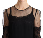 Schwarzes transparentes florales Spitzen-Maxikleid mit Kristallen