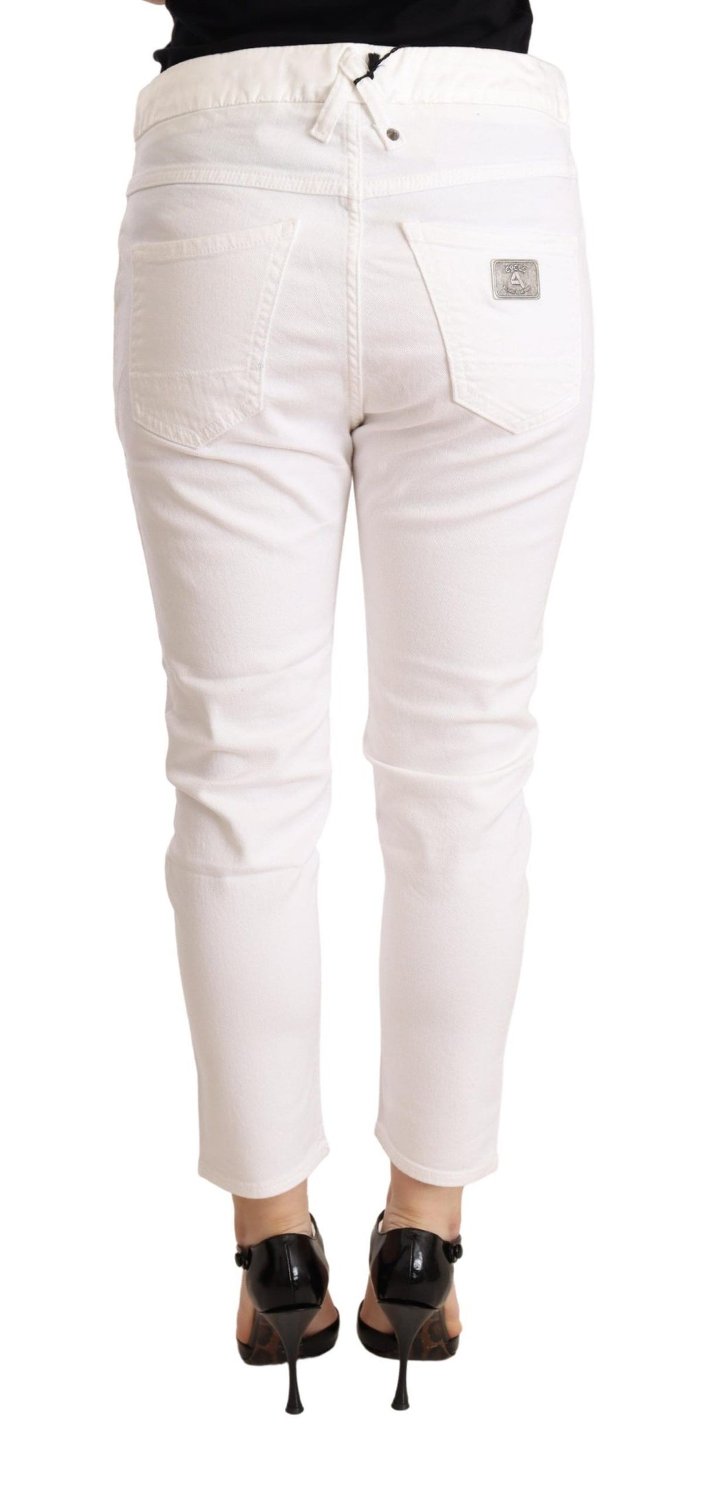 Weiße Hose, mittelhoher Bund, schmal geschnitten, Skinny-Fit, aus Baumwoll-Stretch