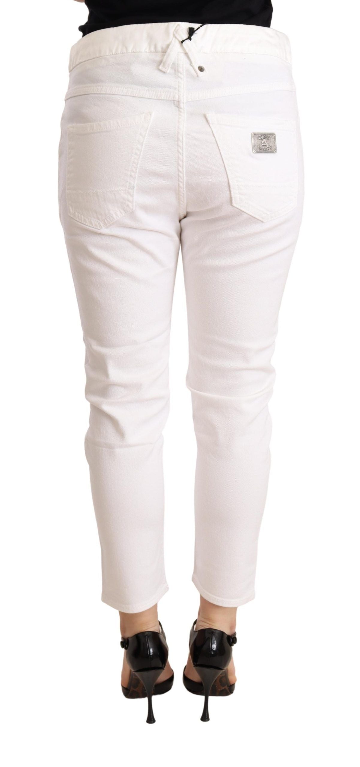 Weiße Hose, mittelhoher Bund, schmal geschnitten, Skinny-Fit, aus Baumwoll-Stretch