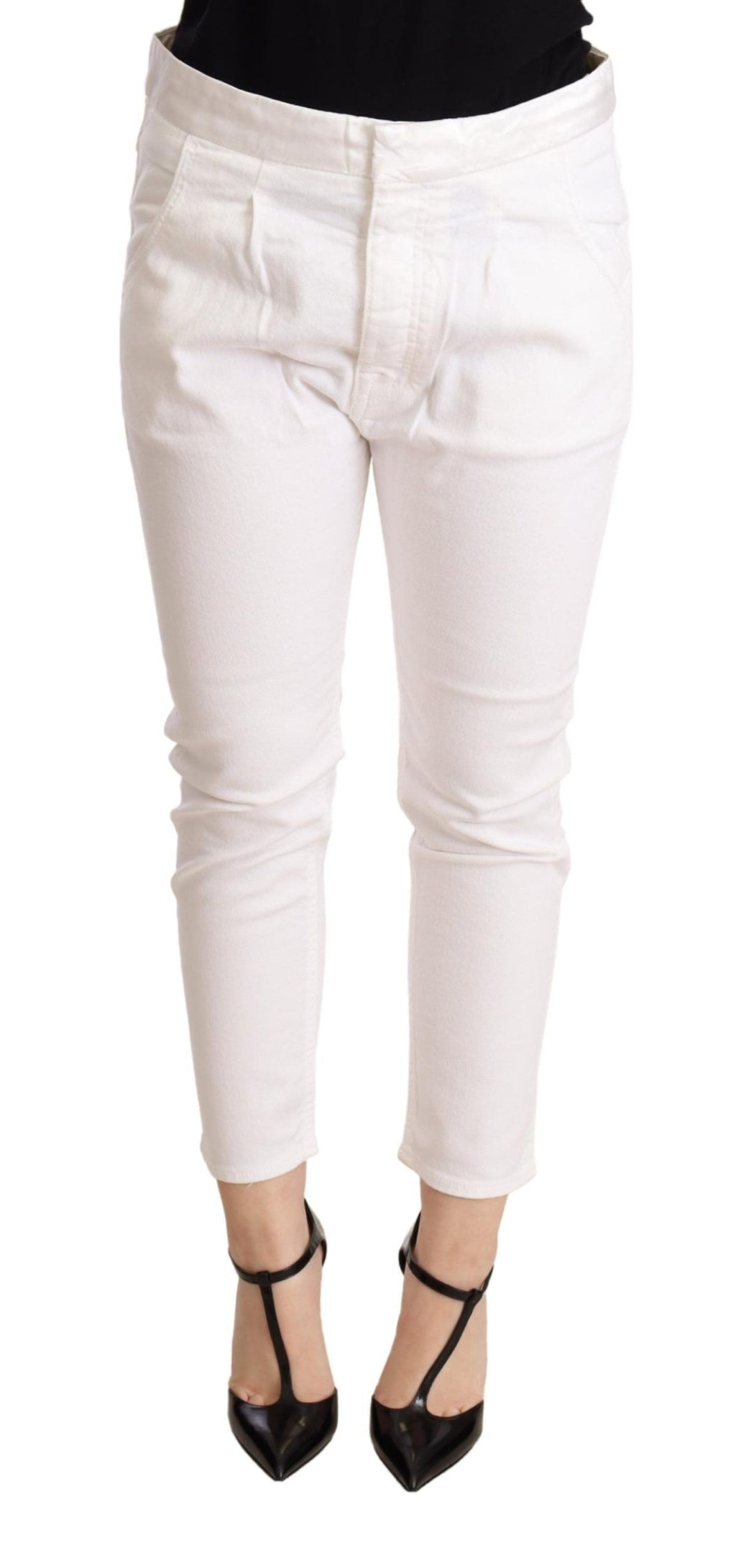 Weiße Hose, mittelhoher Bund, schmal geschnitten, Skinny-Fit, aus Baumwoll-Stretch