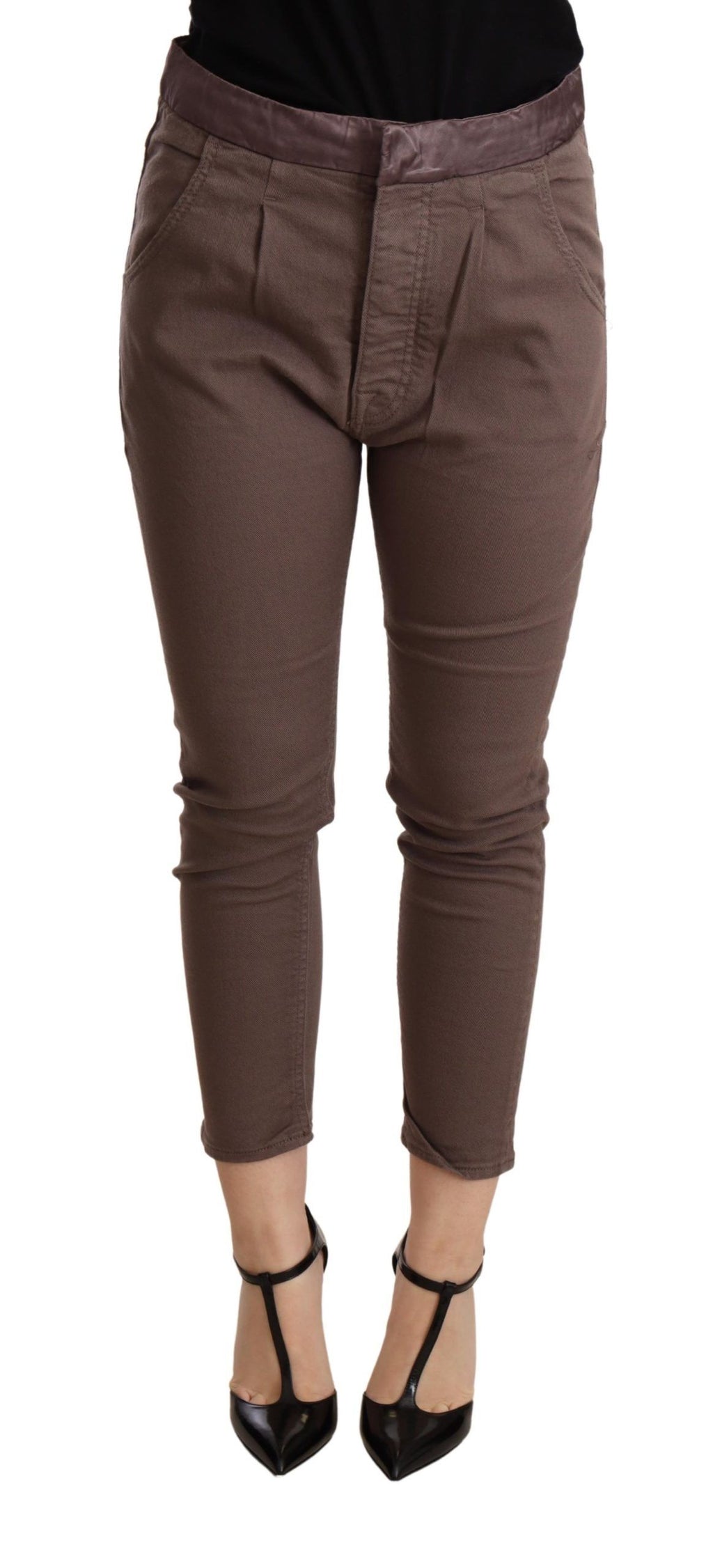 Brown Mid Waist Cropped Skinny Stretch Hose