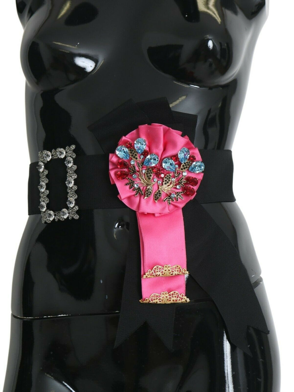 Schwarze Pinke Blumenbrosche Kristalle Baumwollgürtel